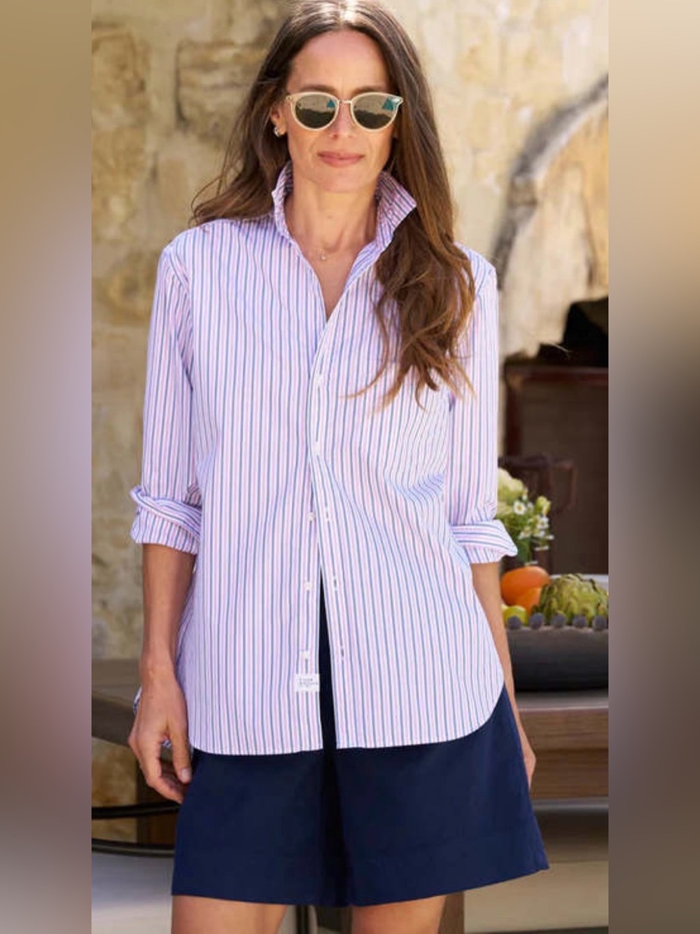 Frank & Eileen Barry Tailored Button-Up Shirt in Purple and Pink Multi Stripe